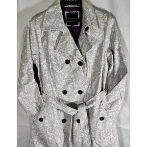 Relativity Womens Rain/Trench Coat, Size S Light Gray w/ Floral & Lace Print